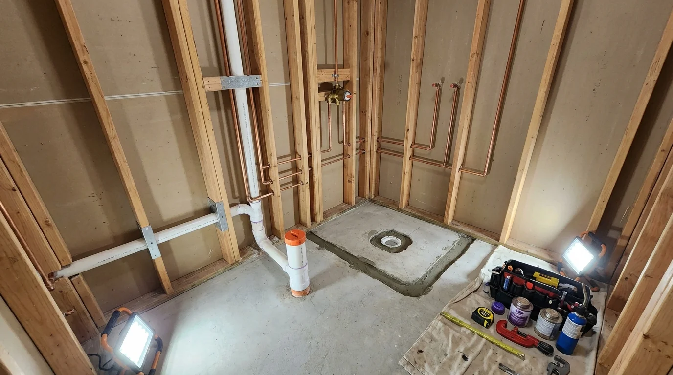 Bathroom rough-in plumbing during remodel by Johns Plumbing LLC in Passaic