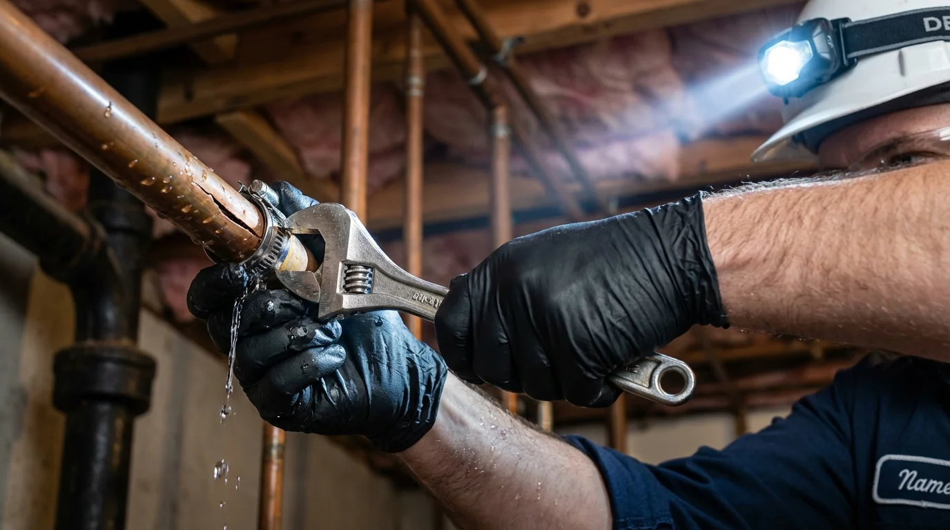 Emergency pipe clamp repair being performed by a Johns Plumbing LLC plumber in Passaic