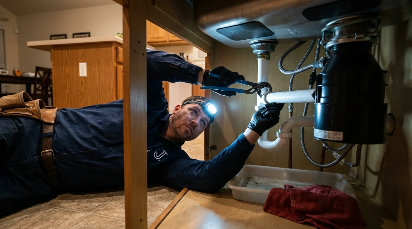 P-trap and supply line connections under a kitchen sink showing a common leak point in Passaic, NJ